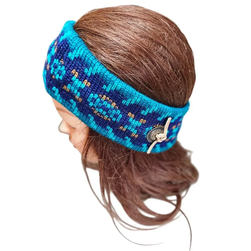 Smiley Wool Knit Headband Winter Ear Cover Blue With Conchos